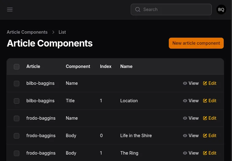Screen shot of a table showing article components such as "Bilbo Baggins: Name" and "Frodo Baggins: Body #1"