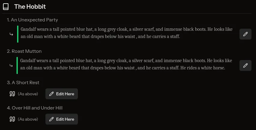 Screen shot showing a description of Gandalf tied to each chapter in The Hobbit