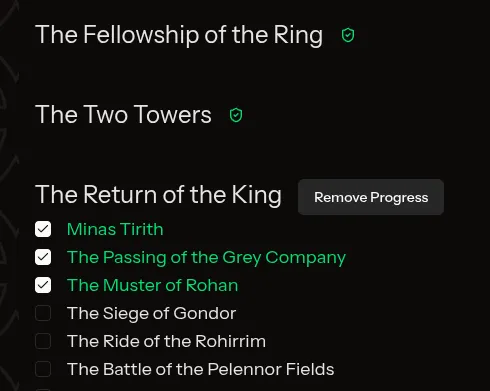 Screen shot showing the first two Lord of the Rings books marked complete and collapsed, followed by Return of the King with some chapters checked.