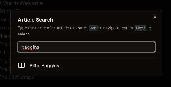 Screen shot showing a search for "baggins" with a single result: Bilbo Baggins
